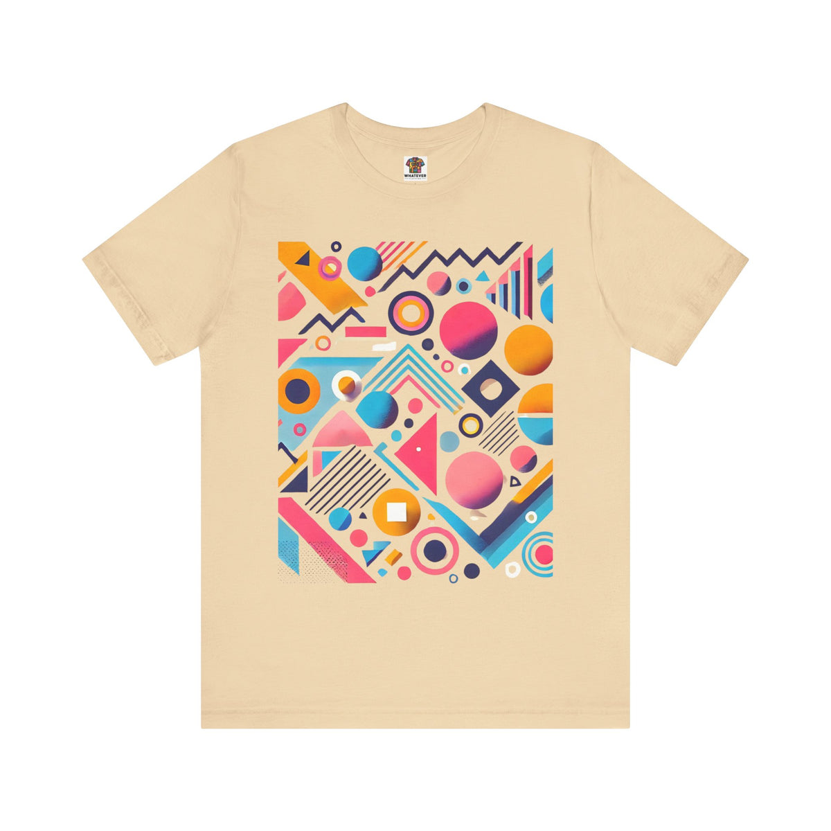 Graphic tee with bright circles, triangles and zigzags on a pastel background