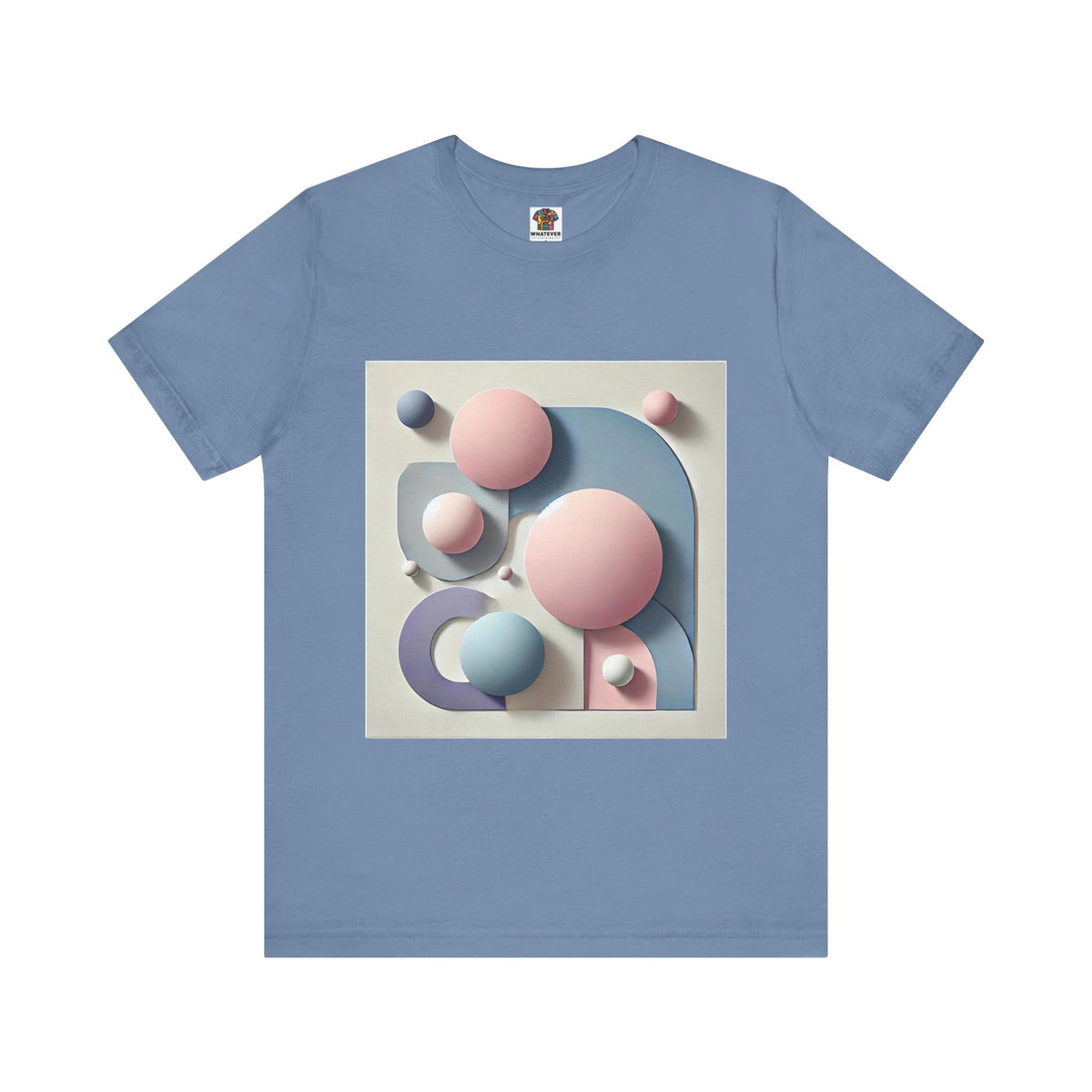 Graphic tee with smooth pastel curves and spheres on a grey background