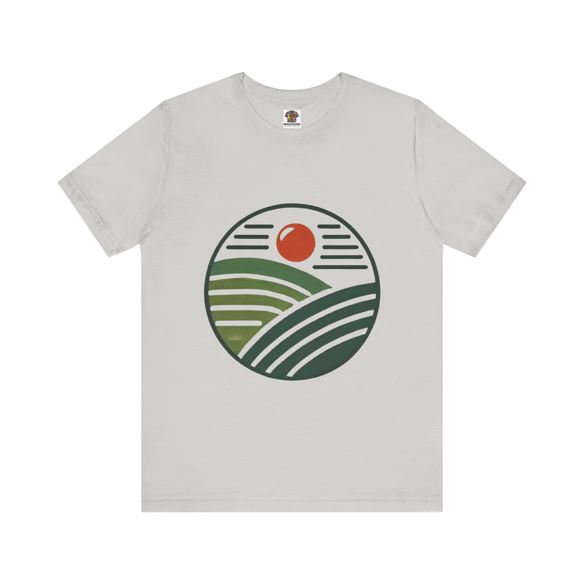 Graphic tee with green rolling hills under an orange sunburst