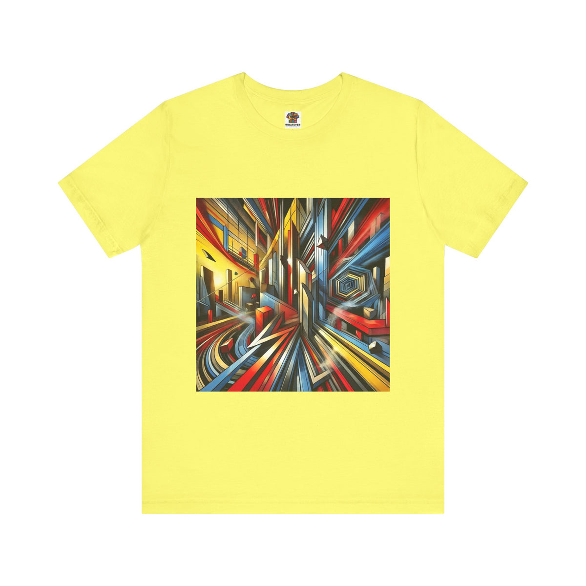Graphic tee with sharp angular shapes over a vibrant cityscape