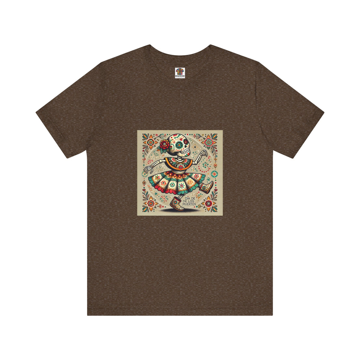 Graphic tee with a dancing skeleton in traditional dress and folk-art flowers